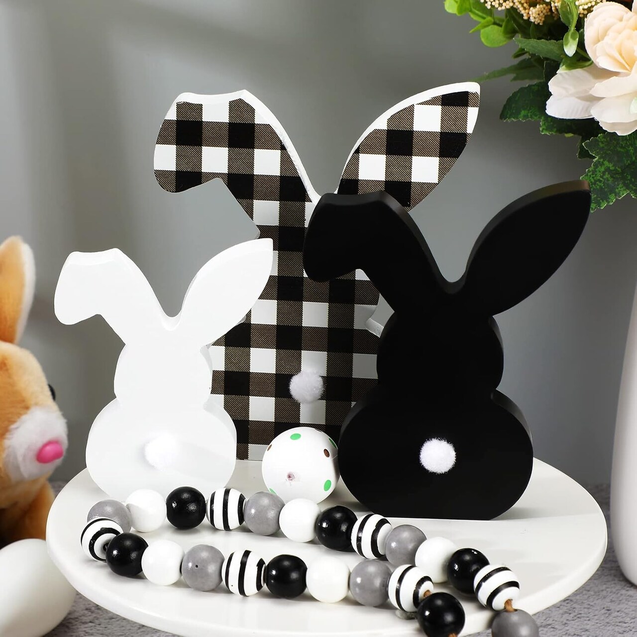 3 pcs Easter Bunny Table Wooden Signs Decor Spring Farmhouse Wood Bunnies Buffalo Plaid Bunny Cute Easter Craft Freestanding Centerpiece Signs for Kids Happy Easter Party Supplies Dining Room Table